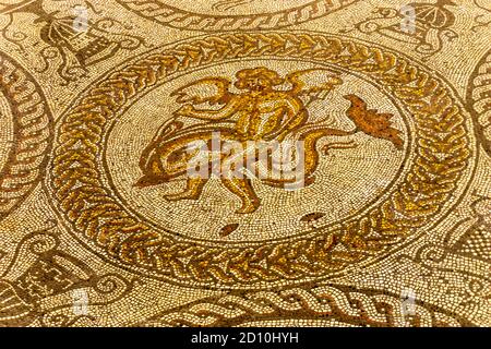 Cupid riding a dolphin mosaic in Fishbourne Roman Villa from 2nd century AD. Stock Photo