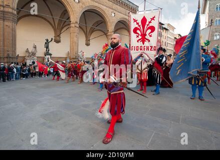 Florence, Italy - 2020, September 26: Figurants in armour parade, during the historical reenactment ”Bacco Artigiano 2020 Festival”. Florentine Republ Stock Photo