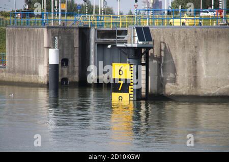 Two huge water barriers at Krimpen aan den IJssel as Hollandsche IJsselkering in the river Hollandsche IJssel with sluice  to protect part of Holland Stock Photo