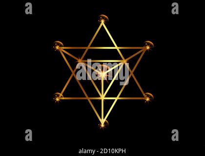 Sacred geometry. Merkaba gold line geometric triangle shape. esoteric or spiritual symbol. isolated on black background. Golden Star tetrahedron icon. Stock Vector