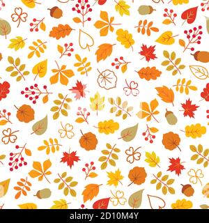 Autumn leaves seamless pattern. Leaf icon set in ornamental tile background. Fall nature backdrop in line art style. Stock Vector