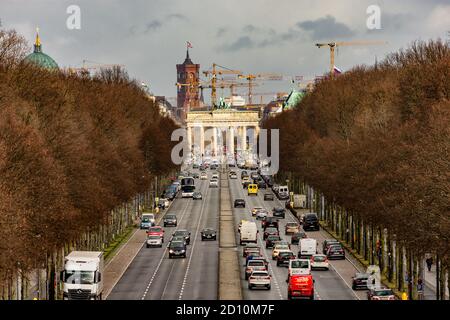 Berlin / Germany - March 10, 2017: View from the platform of the Victory Column (Siegessäule) towards Brandenburg Gate and Berlin city center Stock Photo