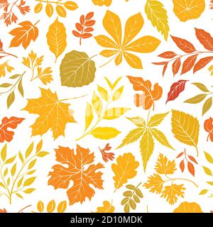 Autumn leaves stylish background. Fall seamless pattern with hand drawn leaves. Seasonal nature backdrop. Stock Vector