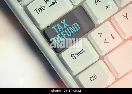 Handwriting text Tax Refund. Conceptual photo refund on tax when the tax liability is less than the tax paid Different colored keyboard key with acces Stock Photo