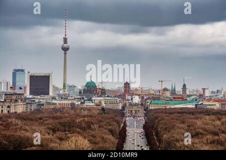 Berlin / Germany - March 10, 2017: View from the platform of the Victory Column (Siegessäule) towards Brandenburg Gate and Berlin city center Stock Photo