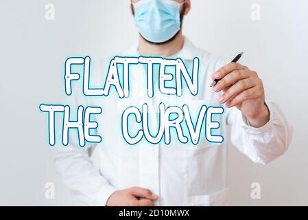 Writing note showing Flatten The Curve. Business concept for raising an awareness on slowing the rate of the infectious disease Laboratory Technician Stock Photo