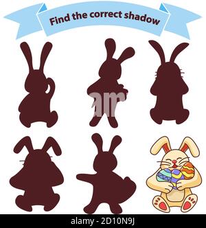 Find the correct shadow rabbit with Easter eggs.Educational game for children cute hare. Stock Vector