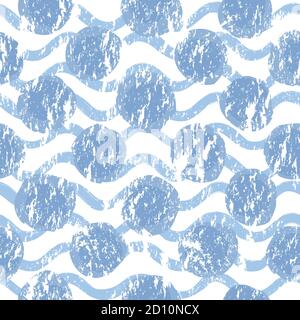 Seamless wave pattern with polka dot ornament. Stylish drawn dotted backdrop. Abstract textured circle ornament. Isolated on white. Stock Vector