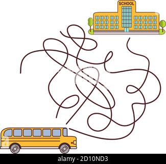 The bus goes to school.Maze game, education game for children. Stock Vector