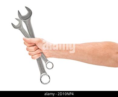 Mechanic hand hold spanner tool in hand isolated on white Stock Photo