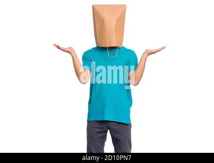 Boy with paper bag over head Stock Photo