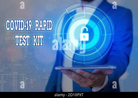 Handwriting text Rapid Test Kit. Conceptual photo Emergency medical diagnostic equipment that deliver fast results Graphics padlock for web data infor Stock Photo