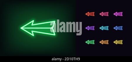 Neon arrow icon. Glowing neon pointer sign, straight arrow in vivid colors. Retro navigation, arrow direction forward back down up. Icon set, sign, sy Stock Vector