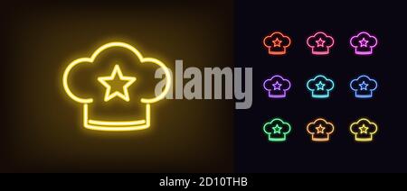 Neon chef hat, glowing icon. Neon chef cap with star, bakery rating in vivid colors. Kitchen review, favorite restaurant, best cook, top confectionery Stock Vector