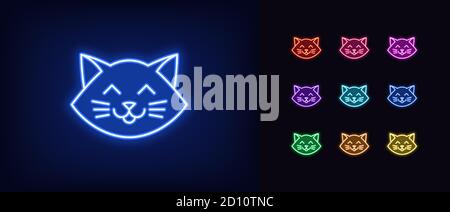 Neon cat head, glowing icon. Neon kitten face with whiskers, cute and funny cat emoji in vivid colors. Neon outline silhouette of cartoon kitten. Icon Stock Vector