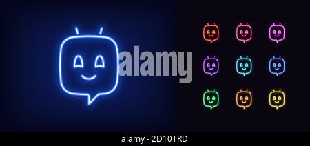 Neon chat bot, glowing icon. Neon voice assistant, virtual chatbot in shape of message bubble. Virtual sound assistant for messenger and mobile app. I Stock Vector