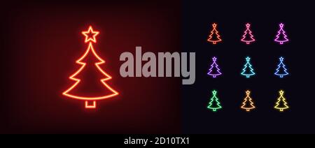 Neon Christmas tree with star, glowing icon. Neon New Year tree silhouette, outline Christmas tree in vivid colors. Festive fir with neon light. Icon Stock Vector