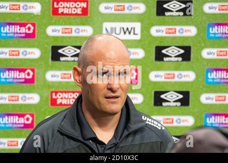 Brentford, UK. 04th Oct, 2020. Preston North End manager Alex Neil at press conference after the Sky Bet Championship match played behind closed doors between Brentford and Preston North End at the Brentford Community Stadium, Brentford, England. Played without supporters able to attend due to the current government rules during the COVID-19 pandemic on 4 October 2020. Photo by Andrew Aleksiejczuk/PRiME Media Images. Credit: PRiME Media Images/Alamy Live News Stock Photo