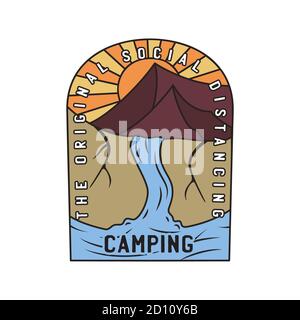 Vintage camping logo, adventure emblem illustration design. Outdoor mountain life label with waterfall scene and text - Original social distancing Stock Vector