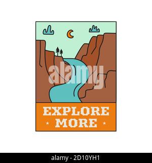 Camping adventure logo emblem illustration design. Outdoor label with mountains landscape and text - Explore more. Unique sticker. Stock vector. Stock Vector