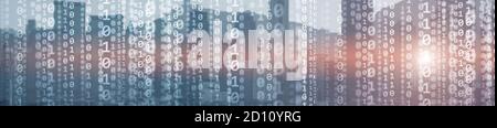 Binary computer code virtual city skyline. Matrix Mixed Media Background. Stock Photo