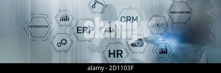 Erp Crm Hr Innovation inscriptions and icons on business background. Stock Photo