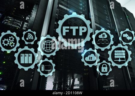 FTP. File Transfer Protocol. Network Transfer data to server on supercomputer background. Stock Photo