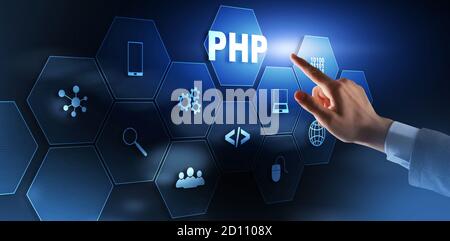 Businessman is pressing on the virtual screen php. Stock Photo