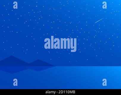 Seascape with night stars. Falling meteorite. The coastline is in the distance. Vector illustration of nature for background. Stock Vector