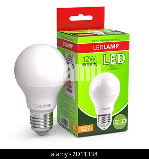 Led lamp with package box isolated on white. Energy efficient light bulb. 3d illustration Stock Photo