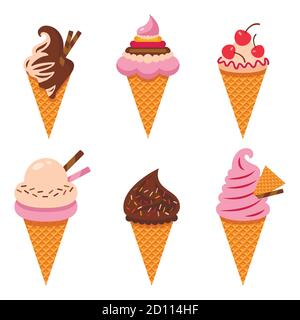 Collection of 6 vector illustrations of ice cream on a white isolated background Stock Vector