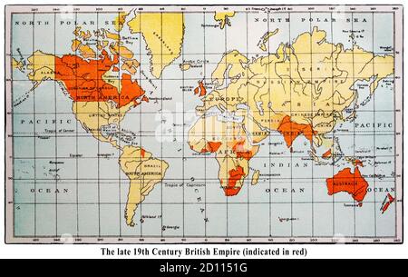 A late 19th Century map of the world, with the British Empire marked in red. The British Empire comprised the dominions, colonies, protectorates, mandates, and other territories ruled or administered by the United Kingdom and its predecessor states. Note: the names of some locations are no longer in use. Stock Photo