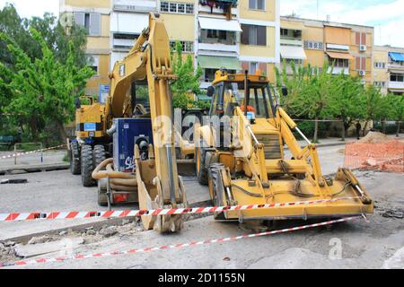 Asphalting and road repair works in Athens, Greece, April 23 2020. Stock Photo