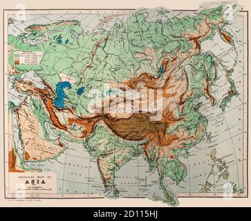 A late 19th Century physical map of Asia, the Earth's largest and most populous continent, located primarily in the Eastern and Northern Hemispheres. It covers an area of about 30% of Earth's total land area and 8.7% of the Earth's total surface area. The continent, which has long been home to the majority of the human population.