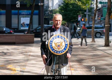 New York, United States. 04th Oct, 2020. U.S. Senator Chuck Schumer holds weekly press briefing in front of 780 3rd avenue in Manhattan. Senator called on Majority Leader Mitch McConnell to delay Judiciary Committee hearings on Supreme Court nominee Judge Amy Coney Barrett. Senator also demanded full transparency on President Trump's health since President was hospitalized with COVID-19. (Photo by Lev Radin/Pacific Press) Credit: Pacific Press Media Production Corp./Alamy Live News Stock Photo