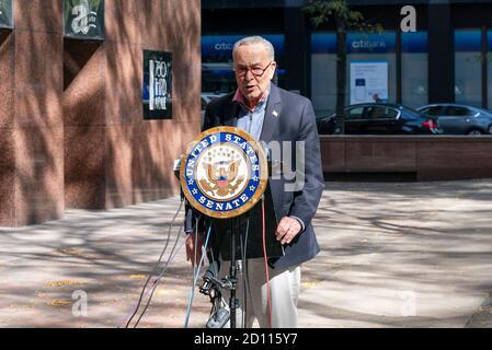 New York, United States. 04th Oct, 2020. U.S. Senator Chuck Schumer holds weekly press briefing in front of 780 3rd avenue in Manhattan. Senator called on Majority Leader Mitch McConnell to delay Judiciary Committee hearings on Supreme Court nominee Judge Amy Coney Barrett. Senator also demanded full transparency on President Trump's health since President was hospitalized with COVID-19. (Photo by Lev Radin/Pacific Press) Credit: Pacific Press Media Production Corp./Alamy Live News Stock Photo