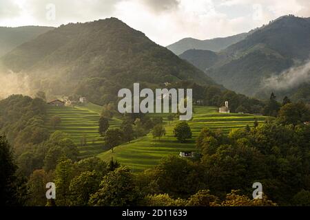 The green Muggio Valley in Ticino. A Swiss cultural landscape like in a fairy tale. Impressions in the Ticino Muggio Valley, Breggia, Switzerland Stock Photo