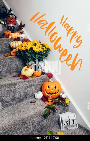 Pumpkins and decorations on stairs Stock Photo
