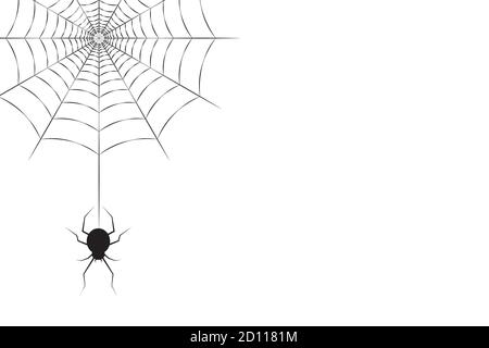 A black spider hanging on the web in the corner and free space for text or design. Halloween concept vector illustration Stock Vector