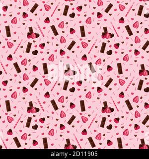 Strawberries and chocolate seamless pattern on pink background. Stock Vector
