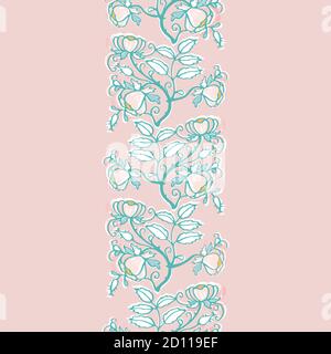 Retro folk art wild rose pattern. Vector illustration. Vintage embroidery style rose border. Vintage kitchen, folk art, hand drawn floral design. Line art florals and cut out shapes on dusty pink background. Cute nature background. Perfect for kitchen ware, home decor and gift wrap. Stock Vector