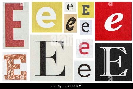 Paper cut letter E. Old newspaper magazine cutouts for creative scrapbooking and crafting Stock Photo