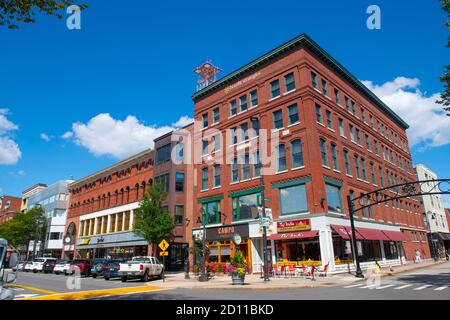 Historic commercial buildings on Elm Street at Amherst Street in downtown Manchester, New Hampshire NH, USA. Stock Photo