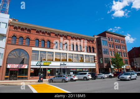 Historic commercial buildings on Elm Street at Amherst Street in downtown Manchester, New Hampshire NH, USA. Stock Photo