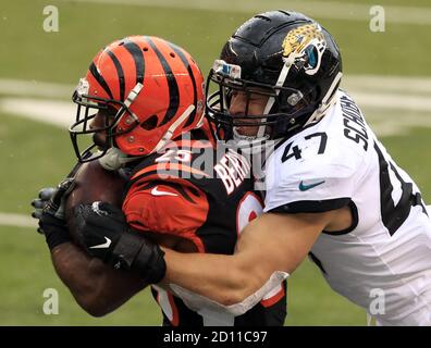 October 25, 2020: Giovani Bernard #25 of the Cincinnati Bengals celebrates  with head coach Zac Taylor of the Cincinnati Bengals after scoring a late  4th quarter touchdown during NFL football game action