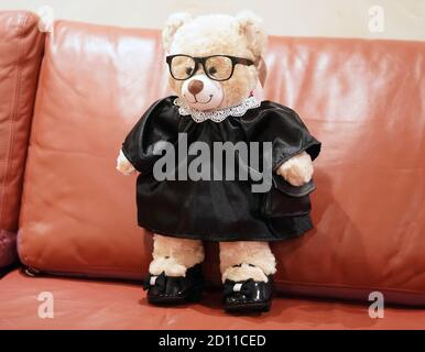 Clayton, United States. 04th Oct, 2020. The Ruth Bader Ginsbear, is Build-A-Bear Workshop's founder Maxine Clark newest creation, in Clayton, Missouri on Sunday, October 4, 2020. Clark says the stores are not selling the bear readymade, however Build-A-Bear has all the ingredients in their stores to create the bear. Photo by Bill Greenblatt/UPI Credit: UPI/Alamy Live News Stock Photo