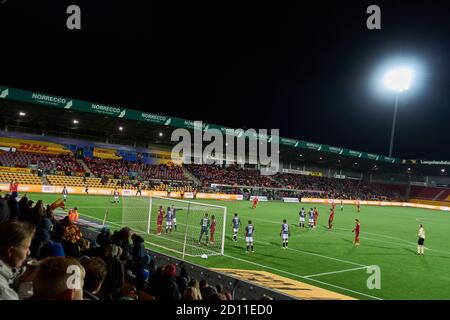 Football match, between FC Nordsjælland and Aarhus Gymnastikforening (AGF), for the danish Superliga, the national football championship Stock Photo