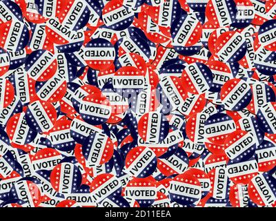 Red white and blue I Voted button background. Stock Photo