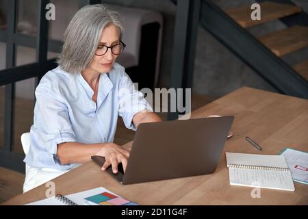 Older mature middle aged woman using laptop computer sitting at work desk. Stock Photo