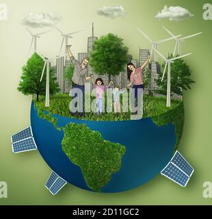 Family of four standing on a clean globe with windmills and solar panels in an eco city isolated on green background. Environmentally friendly world. Stock Photo